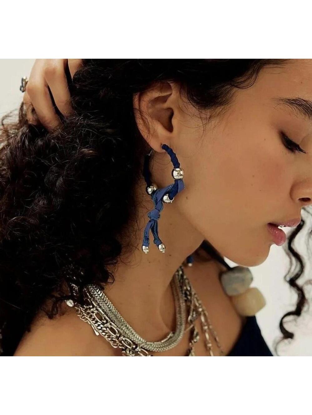 Free People Lingering Love Hoops Earrings Denim Blue / Silver NWT